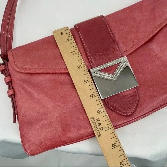 Via Spiga Bejeweled Leather Clutch Purse Pink Snap Close Dbl Adjustable Handles - Picture 12 of 16